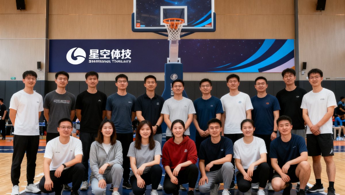 某科技公司在星空体育平台组织企业运动日的现场照片，员工们在篮球场上合影